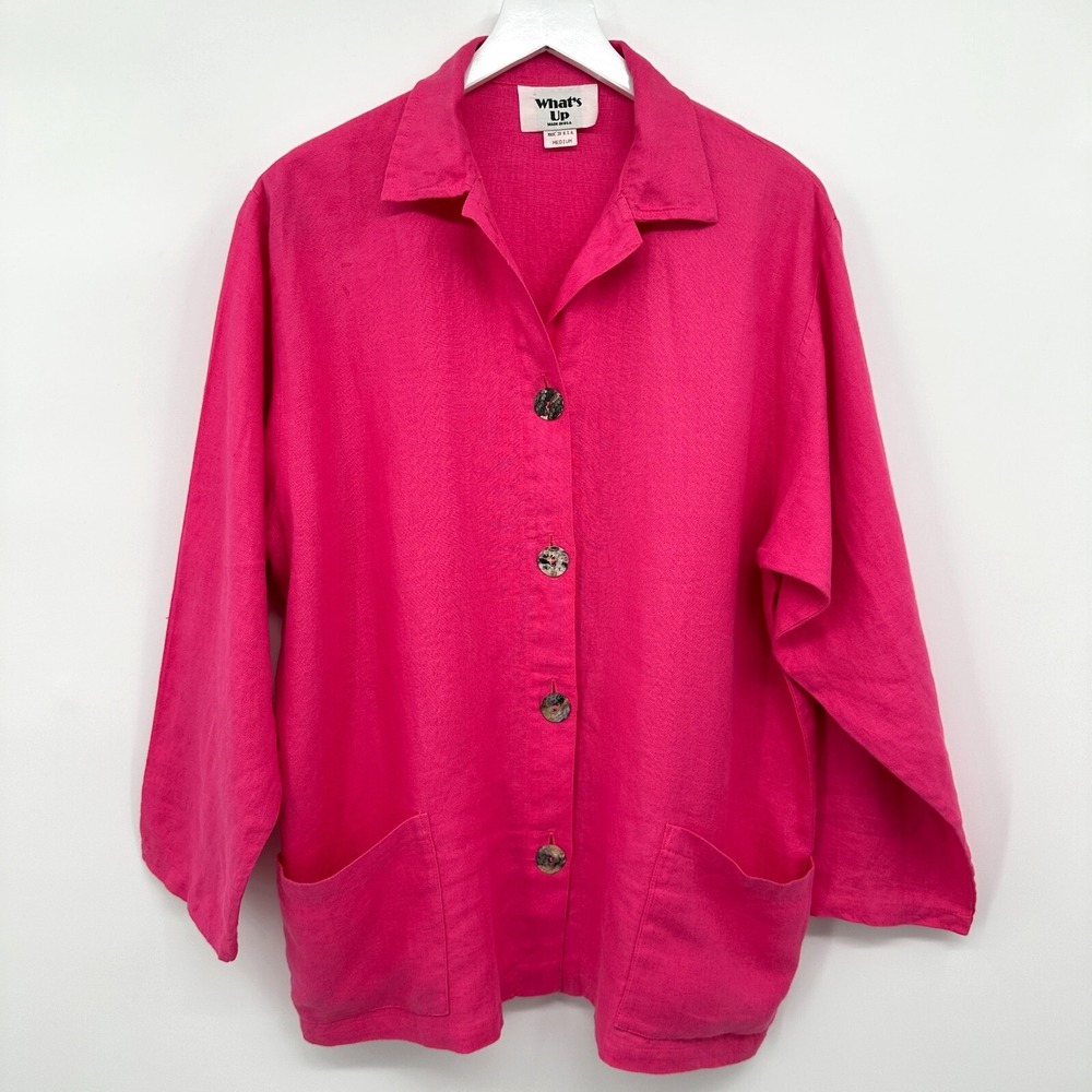 Whats Up 100% Linen Jacket Medium Oversized Boxy Patch Pockets Coastal Beachy US